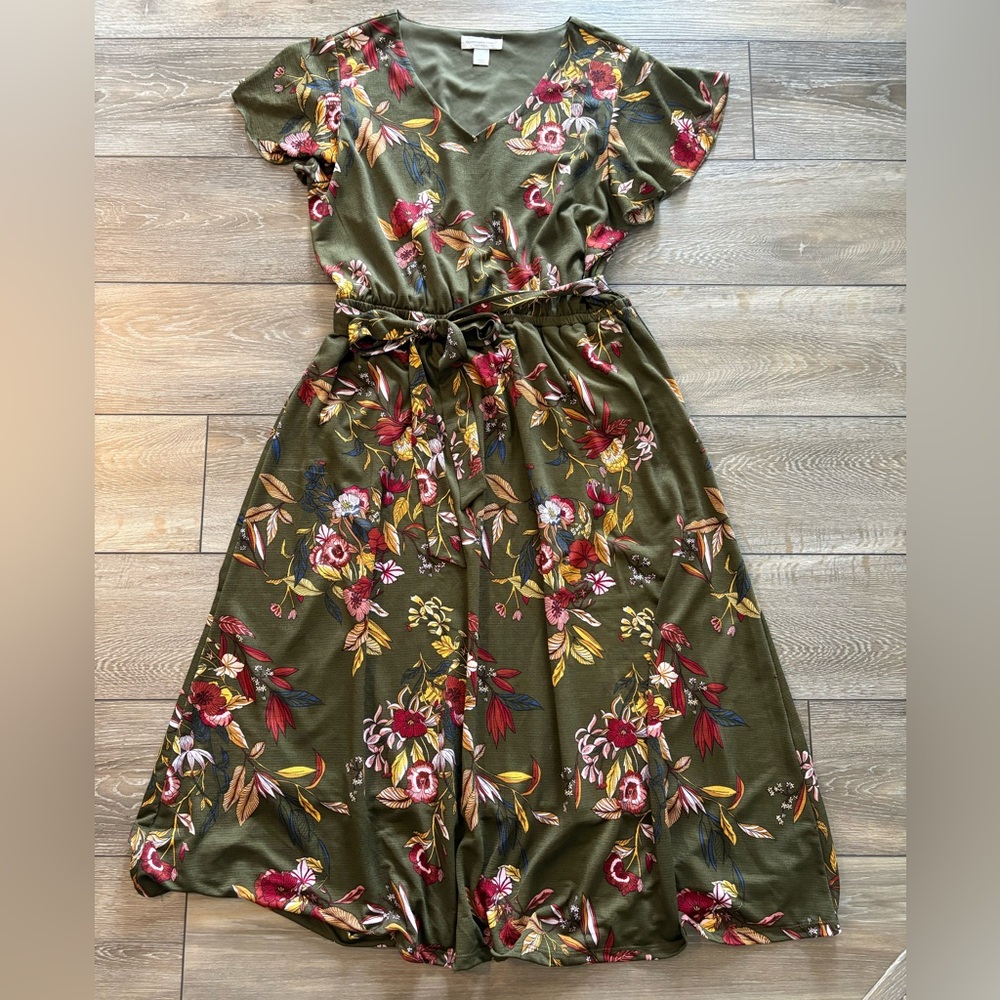 Christopher & Banks Olive Green Floral Belted Dress